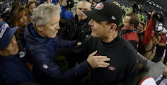 Pete Carroll greets Jim Harbaugh following the conclusion of the game between the Seattle Seahawks and San Francisco 49ers.
(Photo used with permission by Instagram/kiddklutchproduction)

