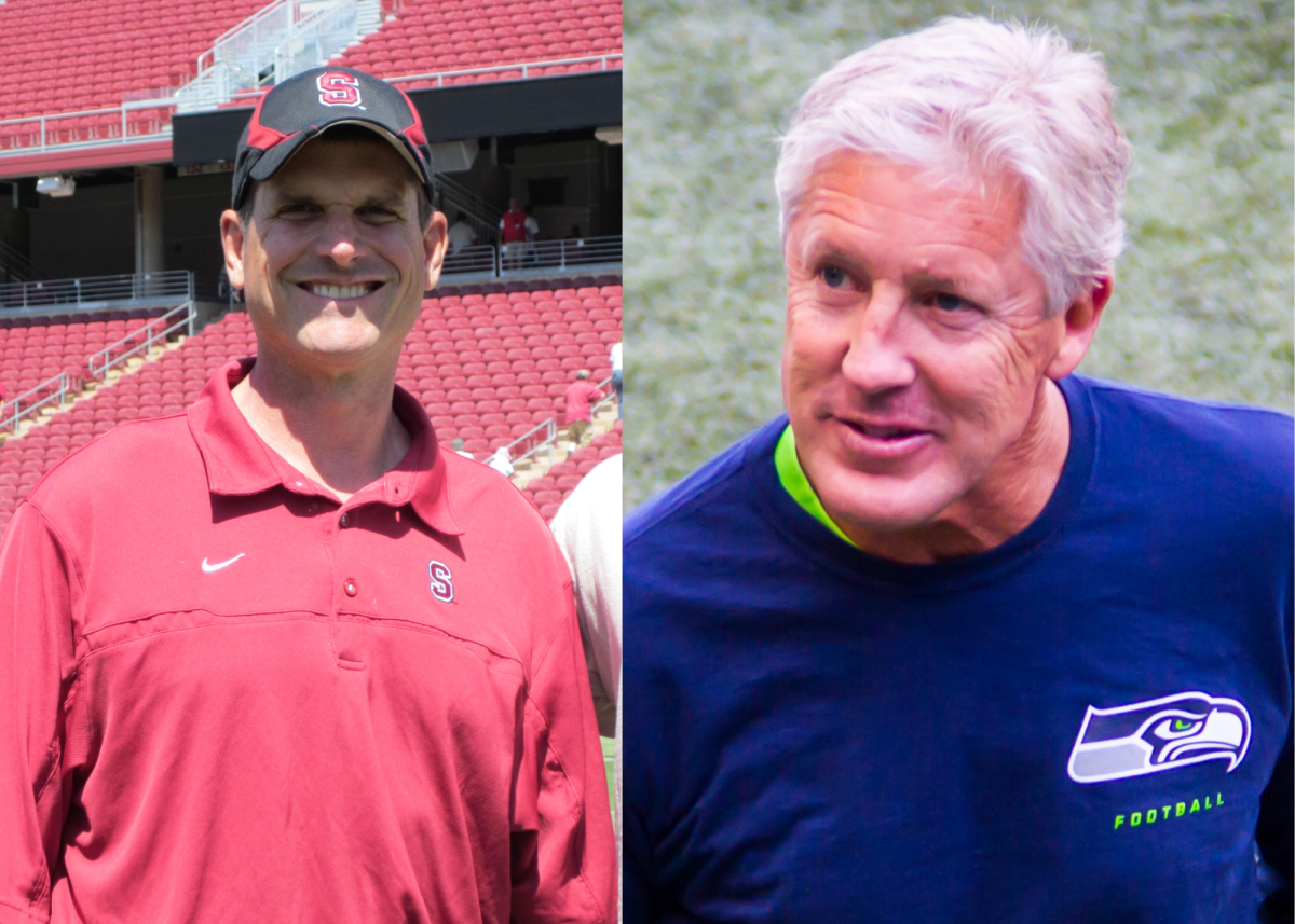 Jim Harbaugh and Pete Carroll have been rivals for several years, coaching on different teams for college and professional teams (Photo used with permission by Wikimedia Commons/BrokenSphere & Wikimedia Commons/Flickr/Mike Morris).