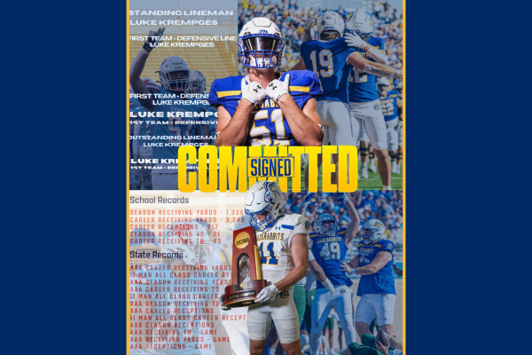 Luke Krempkes (#51) and Jack Smith (#11) both played for the LHS football team and won state championships for the team (Photos used with permission by Luke Krempkes and Jack Smith, Artwork by Hazel Hughes).