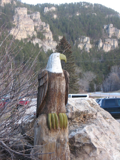 A wooden carving of an eagle is placed looking out over the road winding through the canyon.
