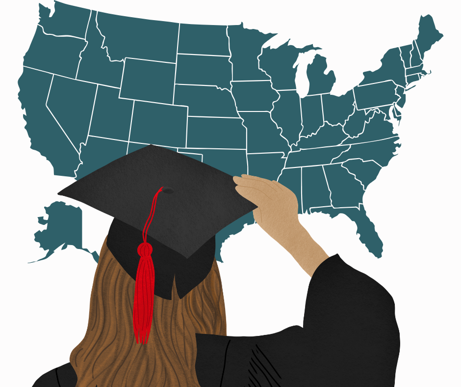 According to the Institute for College Access and Success, 20–30% of students attend out-of-state colleges (Artwork used with permission from Canva).