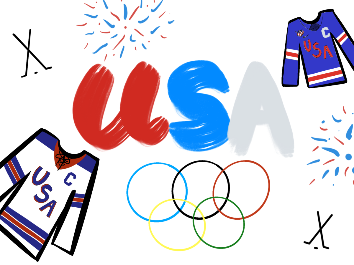 The drawings of the jerseys represent both men's and women's USA hockey teams winning gold as Hilary Knight wore navy and Auston Matthews wore white.