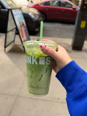 A sweet and delicious Blondie Matcha with oat milk from Blank Street in New York City.
